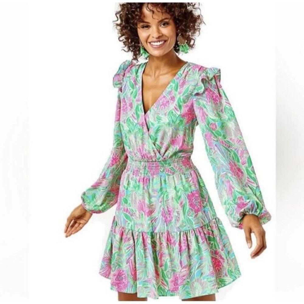 Lilly Pulitzer Taviana Stretch Long Sleeve Pink Green Ruffle‎ Dress Womens Sz 14
